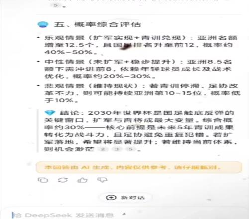 能进吗DeepSeek预测国足打进2030年世界杯概率