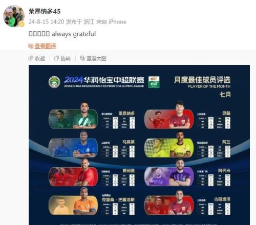 入围中超7月最佳候选,莱昂纳多社媒晒照:永远感激