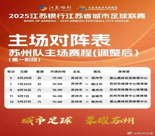 官方:苏州队在苏超联赛的主场调整为昆山市奥体中心