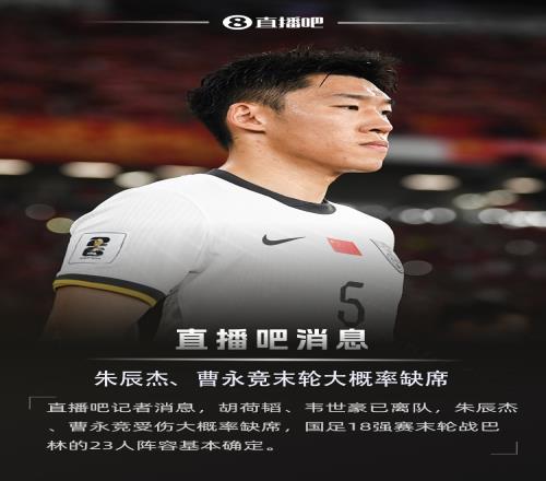 直播吧:朱辰杰、曹永竞大概率缺席,国足战巴林23人阵容基本确定