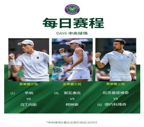 温网今日赛程:德约冲击温网第100胜,辛纳&斯瓦泰克亮相中央球场