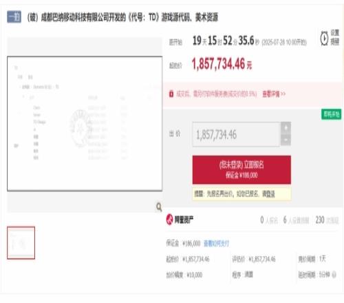 40%进度游戏代码185万起拍:原公司前期投入超千万
