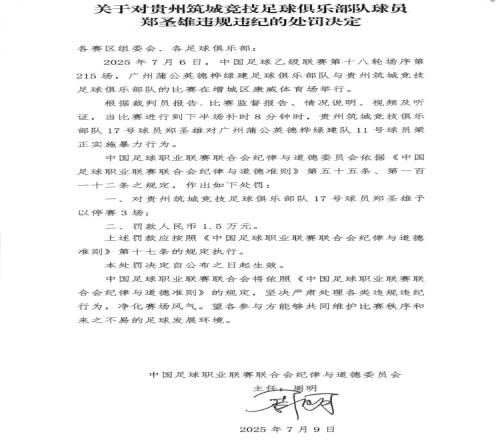 贵州筑城竞技球员郑圣雄实施暴力行为,被禁赛3场+罚款1.5万