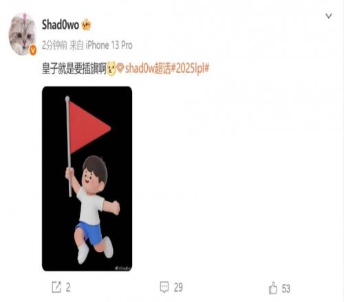 一场不败我就说了!Shad0w发博:皇子就是要插旗!