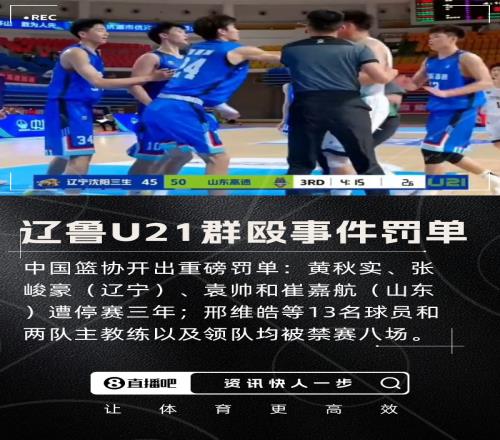 重磅辽鲁U21群殴事件罚单:黄秋实等4人停赛3年17人禁赛8场