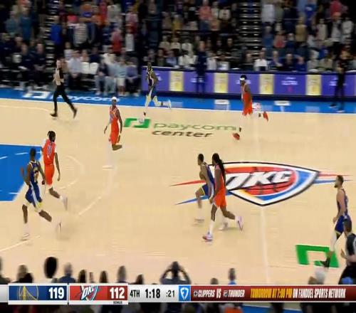 晚安OKC！库里点开防守命中三分杀死比赛，做出晚安手势！