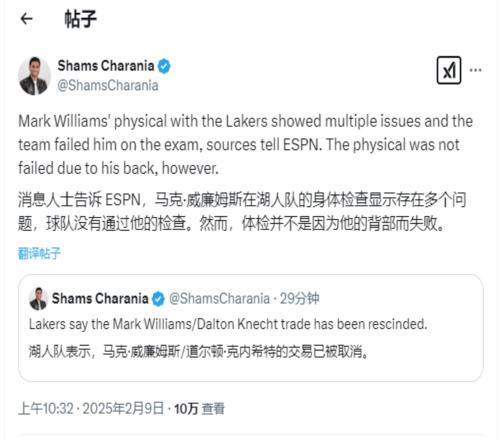 啊Shams：马威体检显示出他身体问题很多，湖人决定不通过体检