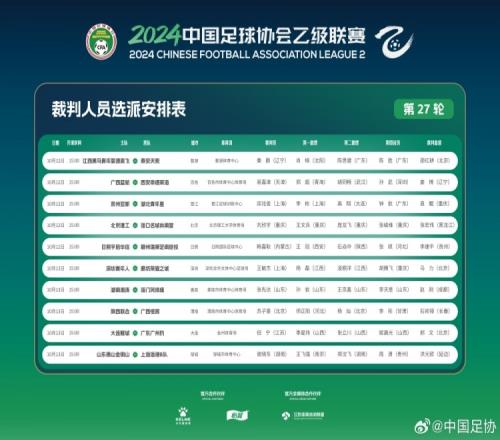 中乙第27轮裁判：苏子豪执法陕西联合vs广西恒宸