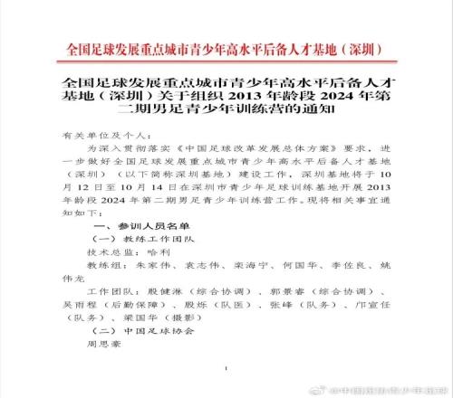 深圳基地关于组织2013年龄段2024年第二期男足青少年训练营的通知