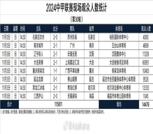 2024中甲联赛现场观众人数统计第30轮