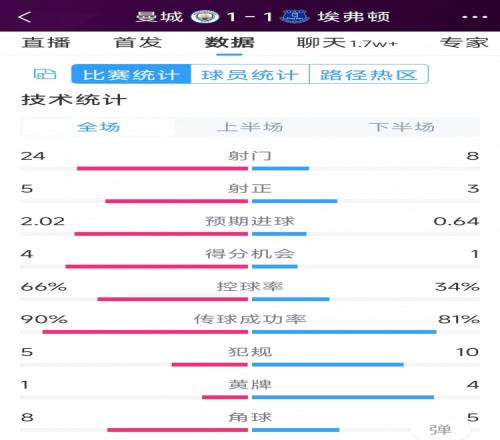 曼城11埃弗顿全场数据：射门248，射正53，得分机会41