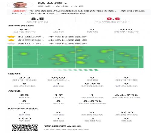 哈兰德全场数据：两次中目标射门进两球&1次关键传球，获评8.5分