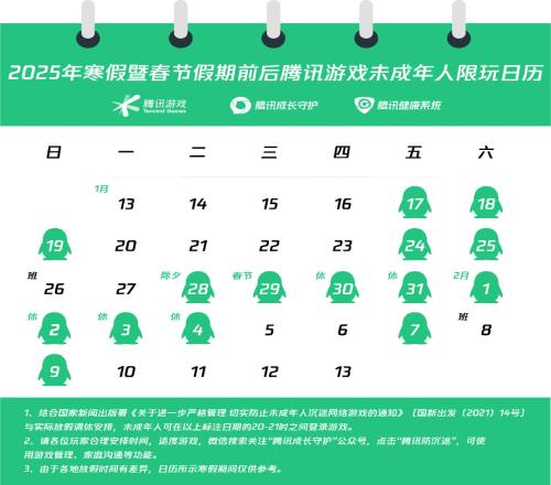 腾讯发布未成年春节限玩日历：寒假未成年仅15小时游戏时间