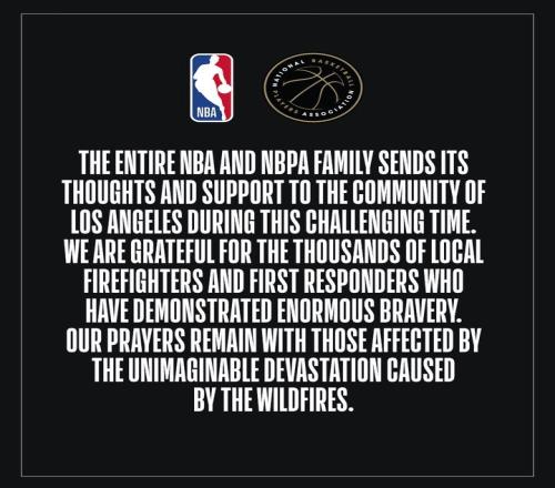 官方：NBA和球员工会向洛杉矶社区表示支持为受灾人群祈祷