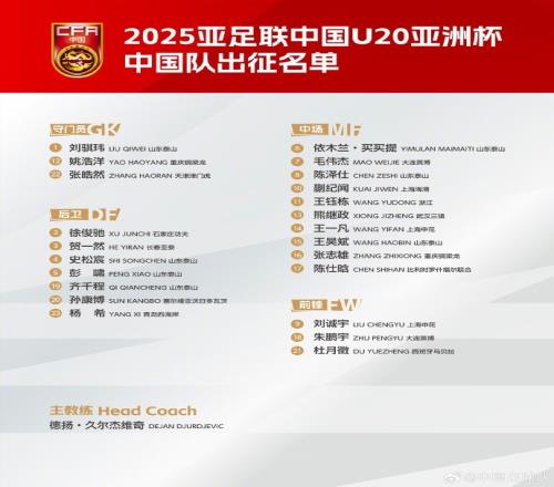 U20国足联赛出场情况：多人稳定中超中甲出场泰山6人只能踢中乙