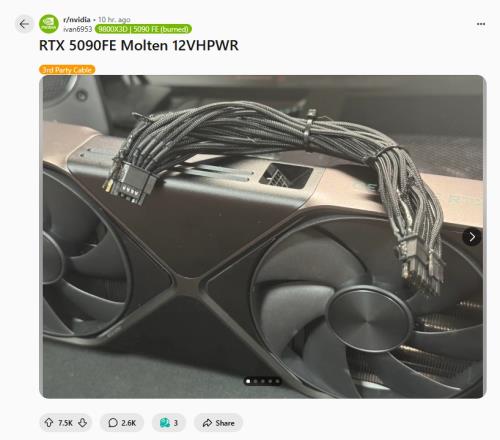 全球RTX5090首烧玩家玩战地5显卡电源接头熔毁