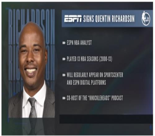ESPN：正式签约前NBA球员昆汀理查德森后者将担任解说