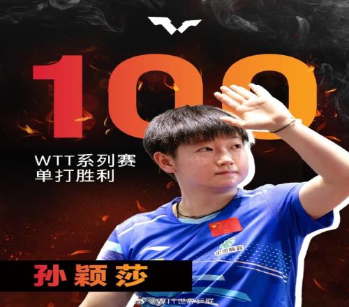 WTT世界乒联：恭喜孙颖莎获得WTT系列赛第100场单打胜利
