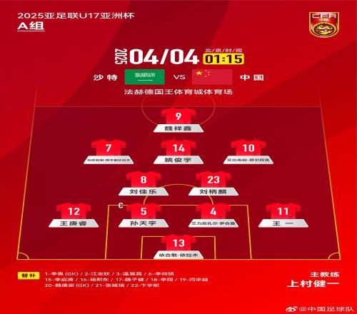 U17亚洲杯国少vs沙特首发：艾比布拉先发，魏祥鑫、布尼亚明出战