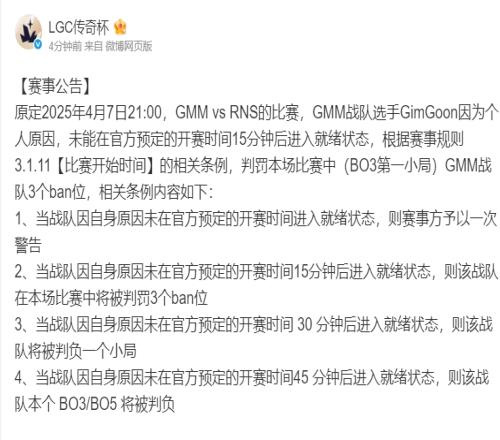 老头杯判罚公告：Gimgoon因个人原因未进入就绪状态，判罚三个Ban位