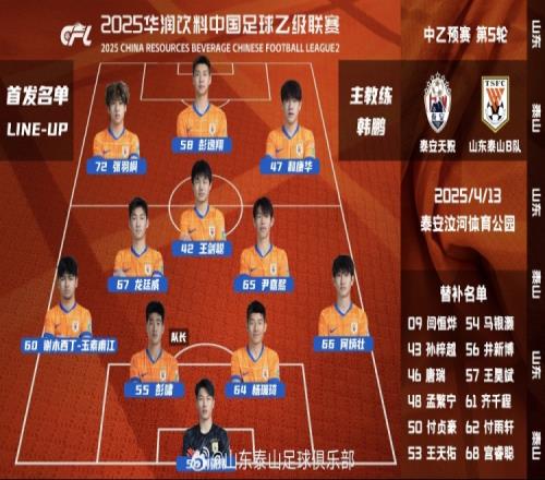 中乙第五轮山东泰山B队客场与泰安天贶队首发阵容，加油