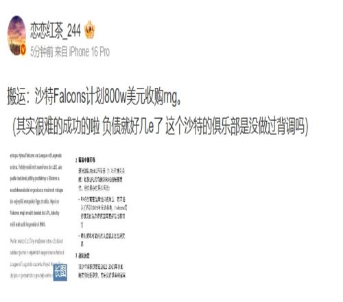 即将有钱给员工发米了外媒爆料：沙特Falcons计划800万美元收购RNG