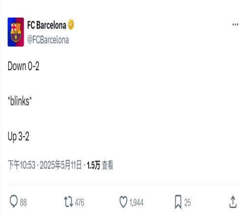 难以置信的比赛！巴萨官推：02落后眨了下眼42领先！