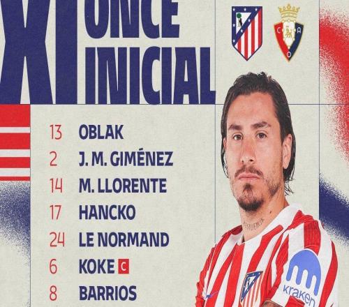 马竞vs奥萨苏纳：格子、小蜘蛛联袂首发，小西蒙尼替补