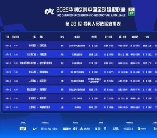 中超第28轮裁判安排公布