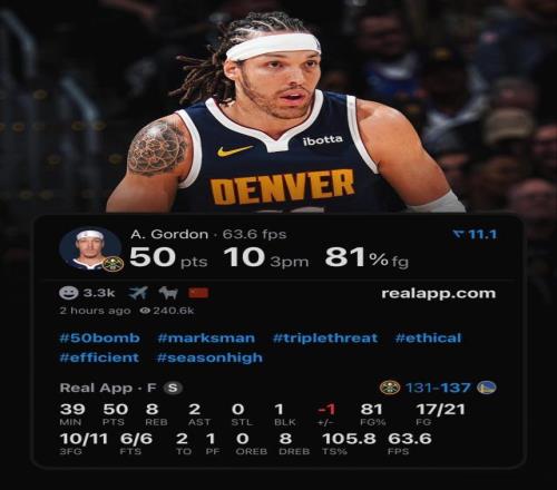 戈登三分11中10狂轰50分奈何库里暴走送其里程悲