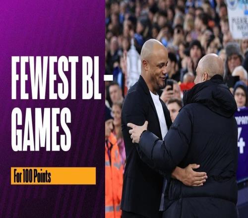 孔帕尼执教德甲积分突破100分只用了40场，仅次于瓜迪奥拉