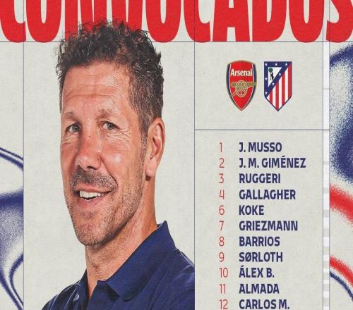 马竞公布欧冠战阿森纳大名单：小蜘蛛、格列兹曼领衔