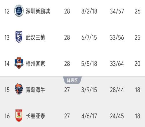 中超最新积分榜：保级形势巨变，新鹏城基本上岸，倒数3队仍差2分
